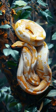 A snake curled up on a tree branch.