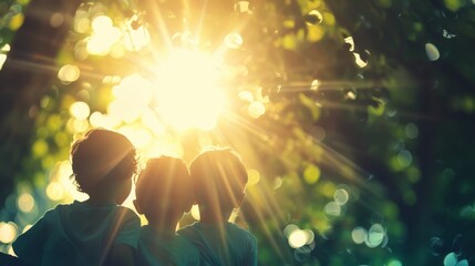 Three children standing together in a forest, bathed in warm sunlight, capturing a moment of friendship and nature's beauty.