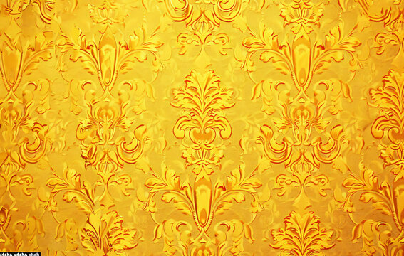 Yellow damask pattern, vintage yellow wallpaper background with an intricate floral and leaf design. Grainy texture, retro color, digital painting