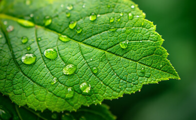 Fototapeta premium Close-up of a green leaf with water droplets on it.