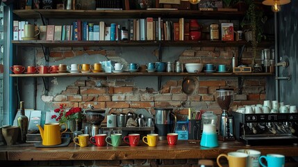 Obraz premium Coffee shop corner, barista brewing, colorful mugs, books on shelves, overhead shot, inviting and cozy ambiance.