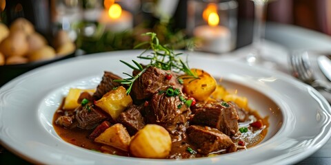 Upscale Austrian Dining Experience Featuring Classic Beef Goulash and Nutritious Potatoes. Concept Fine Dining, Austrian Cuisine, Beef Goulash, Nutritious Potatoes, Upscale Dining Experience