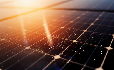 Close-up of solar panels reflecting sunlight in a renewable energy setup.