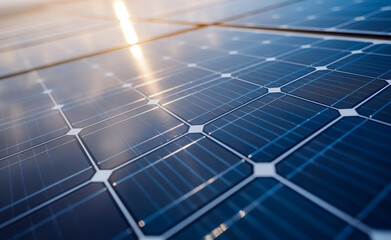 Close-up of solar panels reflecting sunlight in a renewable energy setup.