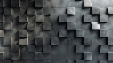 Abstract 3D geometric wall with protruding dark gray cubes.