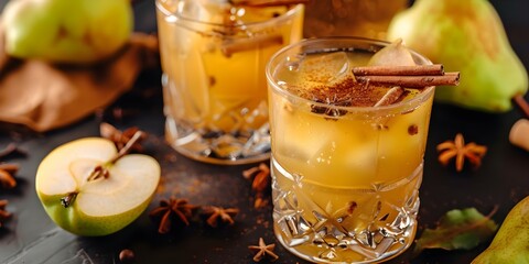 Spiced Non-Alcoholic Pear Cinnamon Mocktail. Concept Fall Drink, Non-Alcoholic, Pear Flavor, Cinnamon Spice, Mocktail