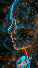 An abstract digital illustration of a human head with glowing particles and lines.