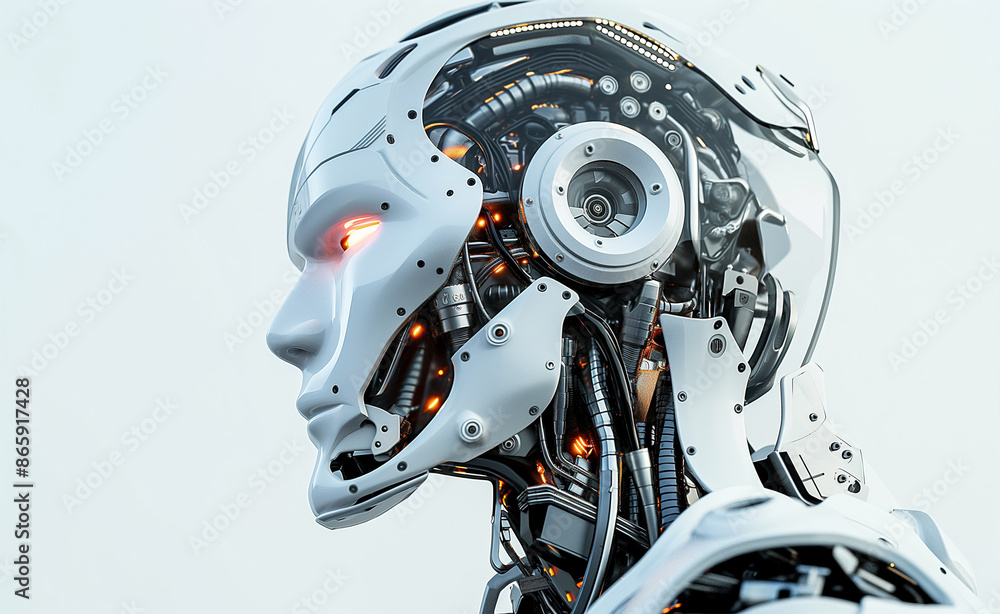 Aufkleber a close-up of a futuristic robot head with visible internal mechanisms.