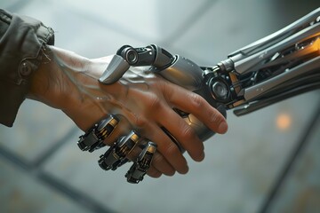 hand shaking between human and robot, integration between human and artificial intelligence.