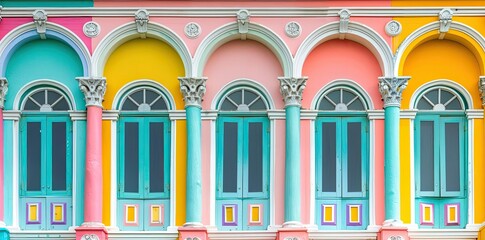 Fototapeta premium Colorful Arched Windows in a Building - Illustration