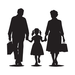  grandparents walking with granddaughter Silhouette vector Illustration. 