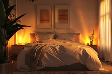 A cozy bedroom with a plush bed, soft linens, and ambient lighting, featuring a minimalist design with accent decor for a relaxing retreat
