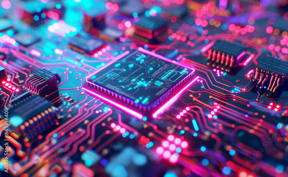 Poster close-up of a glowing microchip on a neon-lit circuit board.