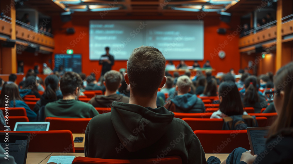 Poster a large lecture hall filled with students attending a class or seminar.