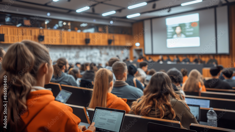 Poster a large lecture hall filled with students attending a class or seminar.