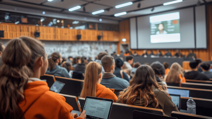 A large lecture hall filled with students attending a class or seminar.