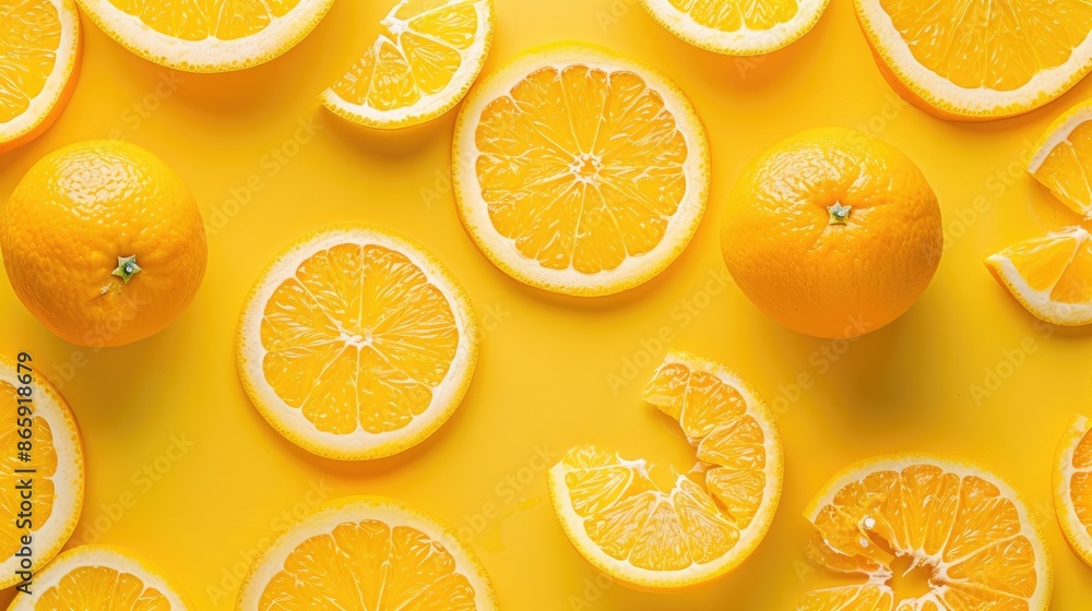 Poster fresh orange slices on yellow background in pop art style viewed from above with space for text