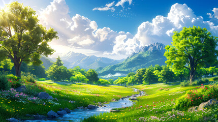 illustration art forest on sunny day in summer style art anime