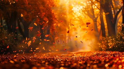 Autumn leaves falling in a forest.