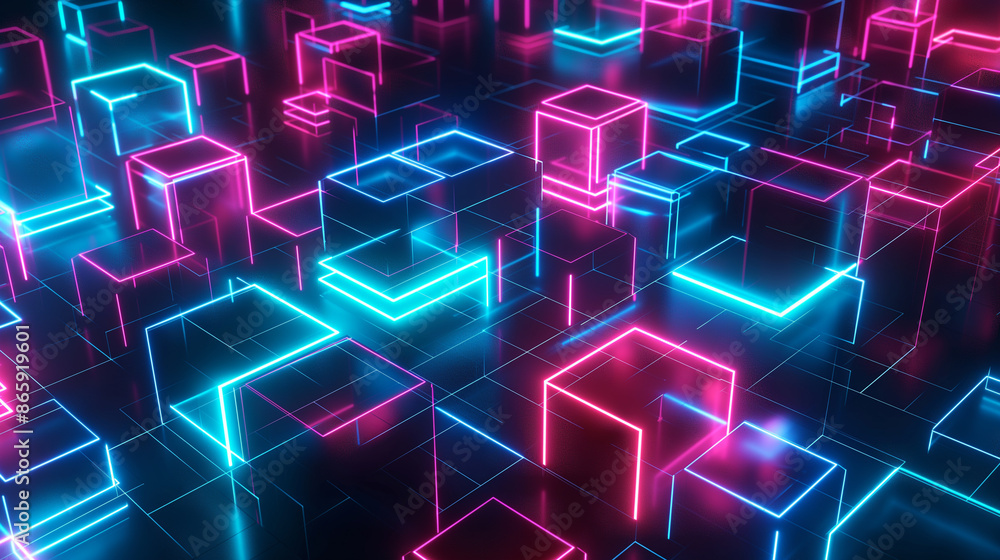 Poster glowing neon cubes arranged in a dynamic and futuristic pattern.