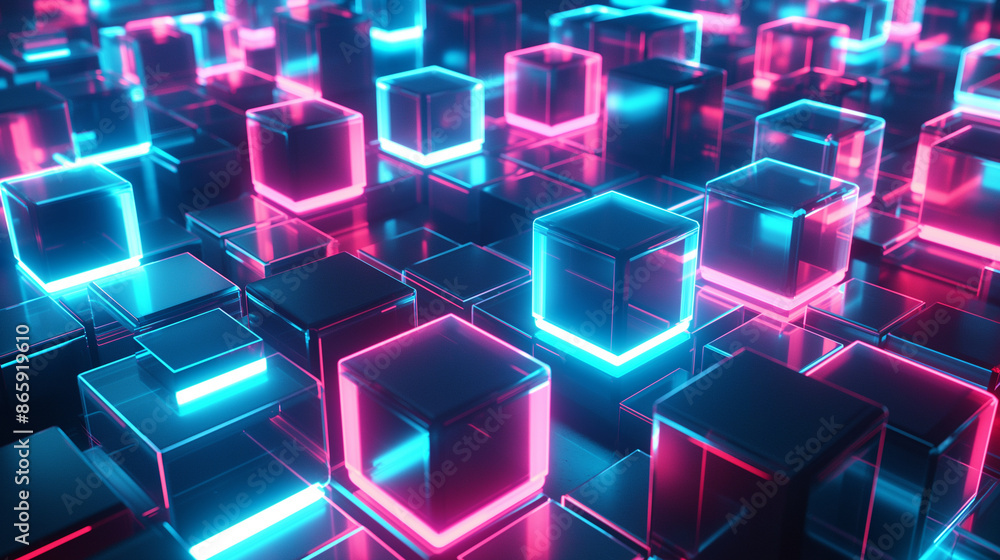 Poster glowing neon cubes arranged in a dynamic and futuristic pattern.