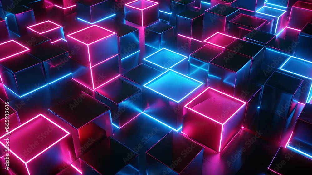 Poster glowing neon cubes arranged in a dynamic and futuristic pattern.