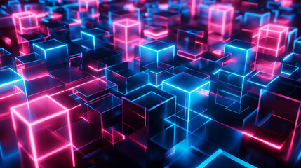 Obraz premium Glowing neon cubes arranged in a dynamic and futuristic pattern.