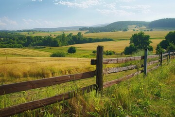 Fototapeta premium A picturesque countryside landscape with rolling hills, golden fields, and a rustic wooden fence, capturing the beauty of rural life