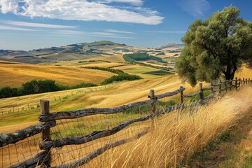A picturesque countryside landscape with rolling hills, golden fields, and a rustic wooden fence, capturing the beauty of rural life