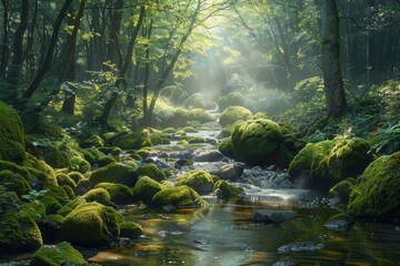 A tranquil forest stream meandering through a verdant forest, with sunlight filtering through the canopy and illuminating the moss-covered rocks