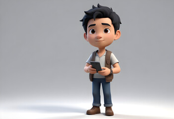 3D cute boy cartoon character man with phone in hand Advertising model concept