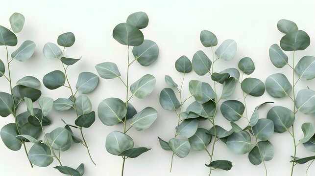 Minimalist arrangement of eucalyptus leaves, 3D render, split complementary color scheme, clean white background, modern design