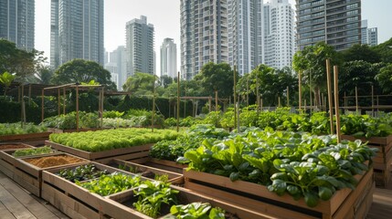 Urban community garden with raised beds of fresh vegetables, set against a backdrop of modern city skyscrapers and lush greenery.