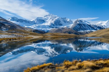 A tranquil mountain lake nestled among snow-capped peaks, reflecting the surrounding landscape like a mirror
