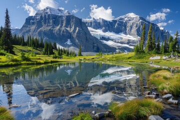 A tranquil mountain lake nestled among snow-capped peaks, reflecting the surrounding landscape like a mirror