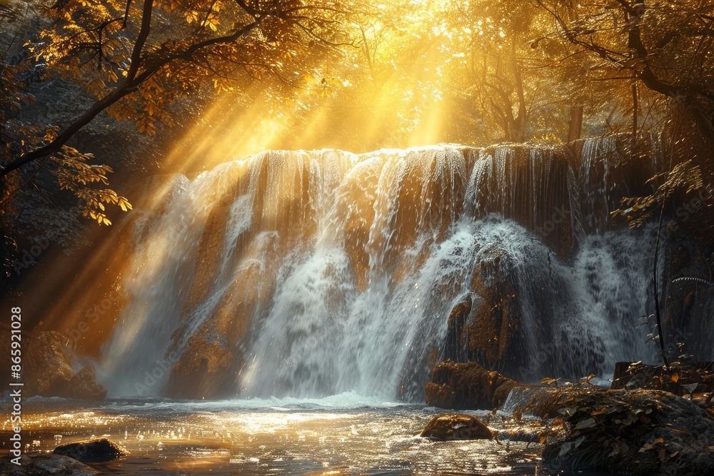 Poster a picturesque waterfall hidden deep in the forest, with sunlight filtering through the trees and cas