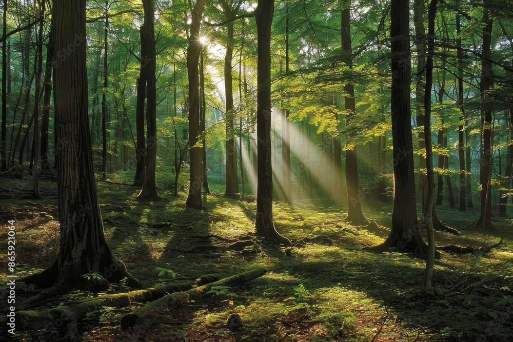 Poster a tranquil forest scene with sunlight filtering through lush green trees, casting dappled shadows on