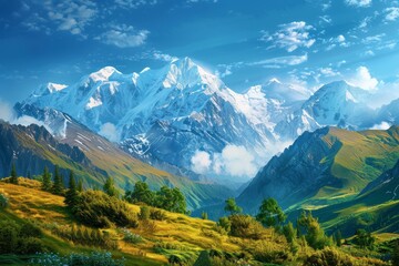 A majestic mountain landscape with snow-capped peaks, rolling hills, and a clear blue sky, evoking a sense of adventure and exploration