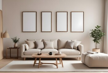Mockup poster frame on the wall of the living room. Luxurious apartment background with contemporary design. Modern interior design. 3D render