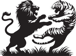 A tiger and a lion fighting with each other silhouette vector art illustration 