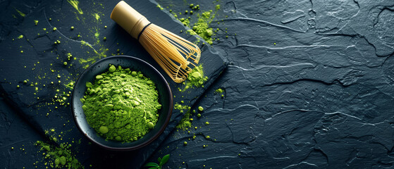 Fototapeta premium Matcha powder and whisk on dark slate with copy space