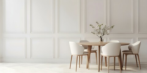 Scandinavian Modern Living Room with Rustic Round Table, Beige Chairs, and Paneling Wall. Concept Scandinavian Design, Modern Living Room, Rustic Round Table, Beige Chairs, Paneling Wall