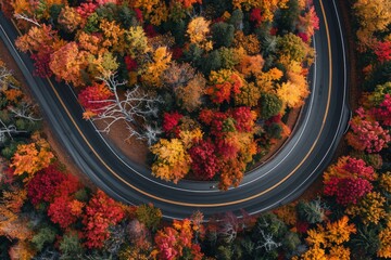 Aerial view of a highway winding through autumn foliage, with trees displaying vibrant shades of red, orange, and yellow