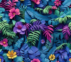 Vibrant Paper Flowers and Tropical Leaves in a Lush Garden