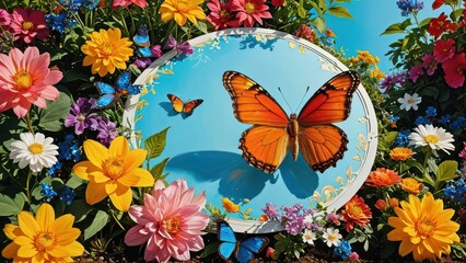 Butterflies and Flowers in a Summer Garden.