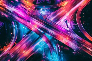 Aerial shot of a highway intersection at night, with colorful city lights illuminating the roadways and traffic flowing steadily
