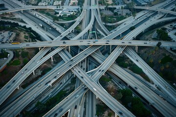 Aerial perspective of a highway interchange, with multiple lanes, ramps, and overpasses converging in a complex network