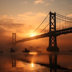 Obraz premium sunset behind a big foggy bridge