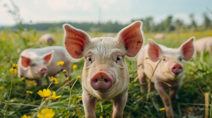 Rural View with Pigs in the Middle of a Field 