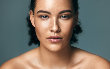 Skincare, portrait and woman in studio for beauty, wellness and acne treatment, progress or results...